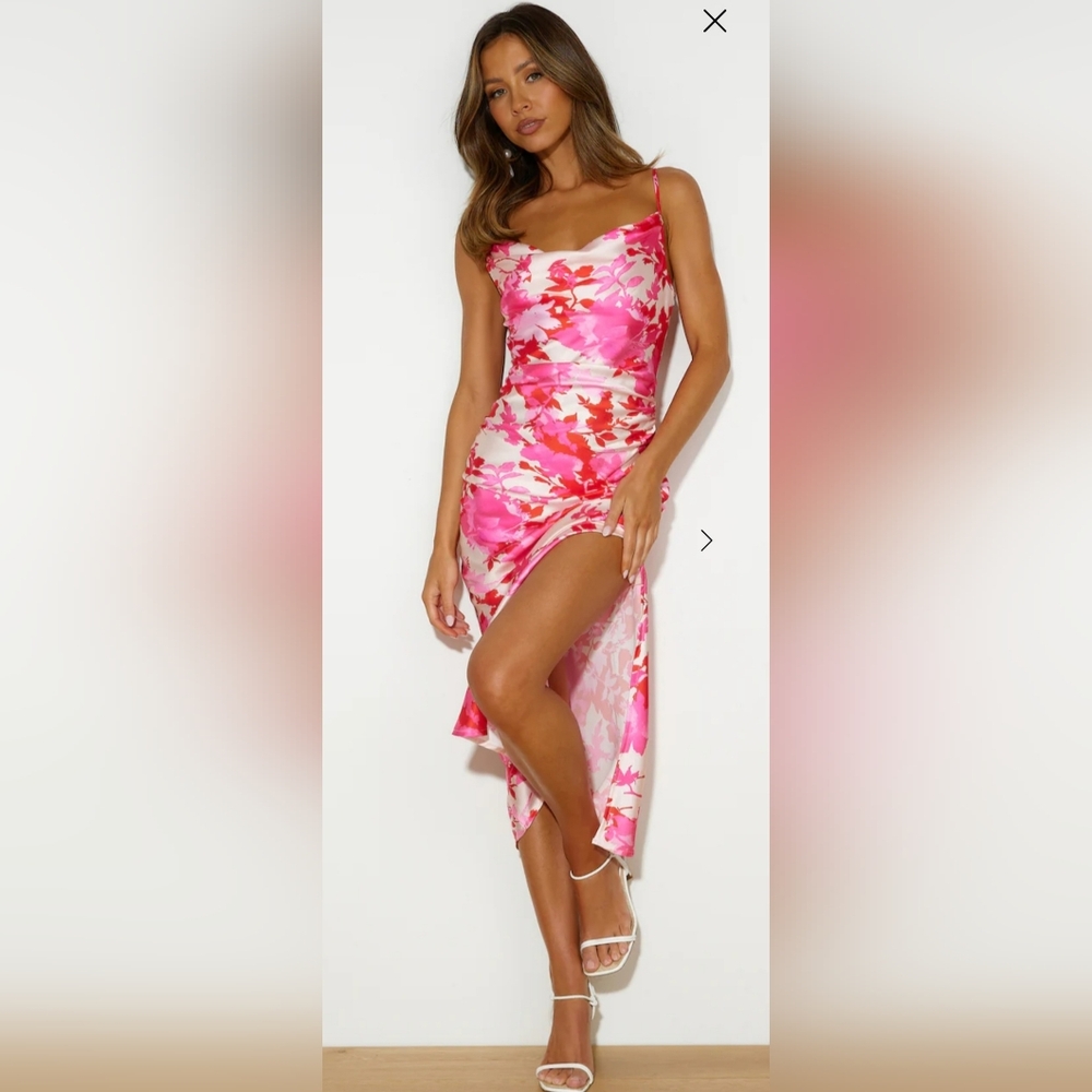 Hello Molly Pink & Red Floral Satin High-Low Slip Dress